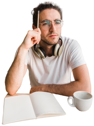 Young man in white T-shirt scratching his head with a pencil.