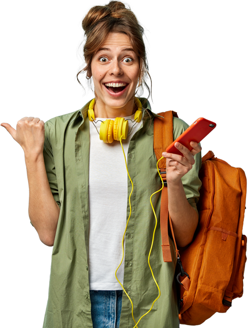 Excited girl in a greent t-shirt is holding a mobile phone and is pointing to the title of the section.