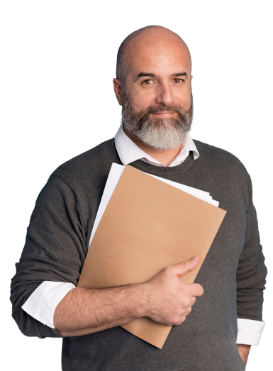 Older man in brown sweater holding a stack of papers.