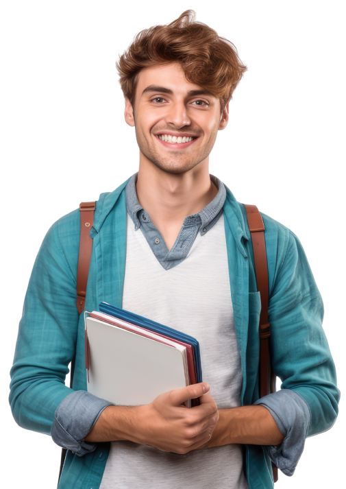 Smiling young man in a teal shirt holding notebooks and wearing a backpack.