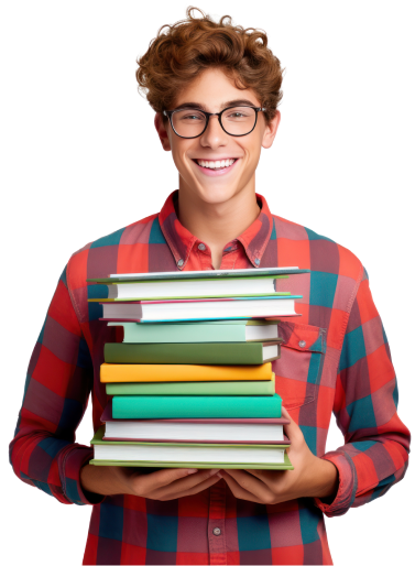 Smiling young man in a red shirt hold a stack of books.