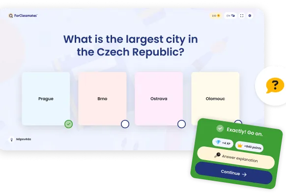 Lesson preview: a quiz question on the board, the correct answer and a student's points.