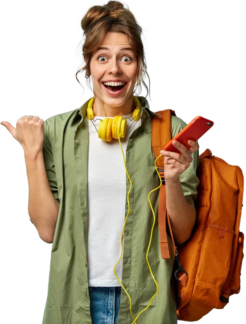 Excited girl in a green t-shirt is holding a mobile phone and pointing to the title of the section.
