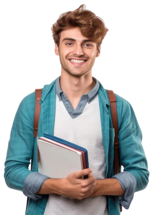 Smiling young man in a teal shirt holding notebooks and wearing a backpack.