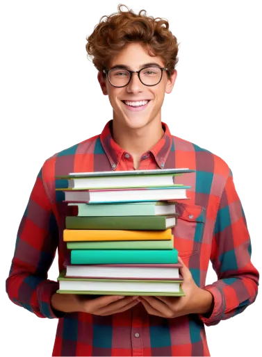 Smiling young man in a red shirt holding a stack of books.