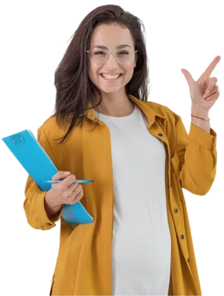 Young female teacher in a yellow shirt holding a notepad.
